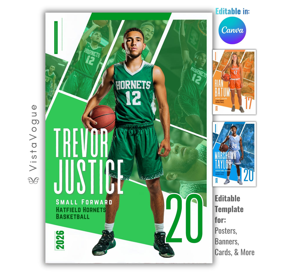 Basketball senior night poster and player banner template editable in Canva with diagonal geometric panel layout featuring multiple action photos layered behind the full-body athlete