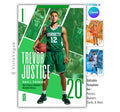 Basketball senior night poster and player banner template editable in Canva with diagonal geometric panel layout featuring multiple action photos layered behind the full-body athlete