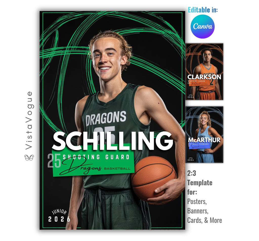 Basketball senior night poster and memory mate template editable in Canva with glowing neon basketball circle graphic swirling behind the athlete on a dark backdrop