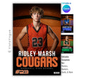 Basketball senior night poster and player banner template editable in Canva with close-up oversized basketball texture backdrop and bold team name typography below the athlete