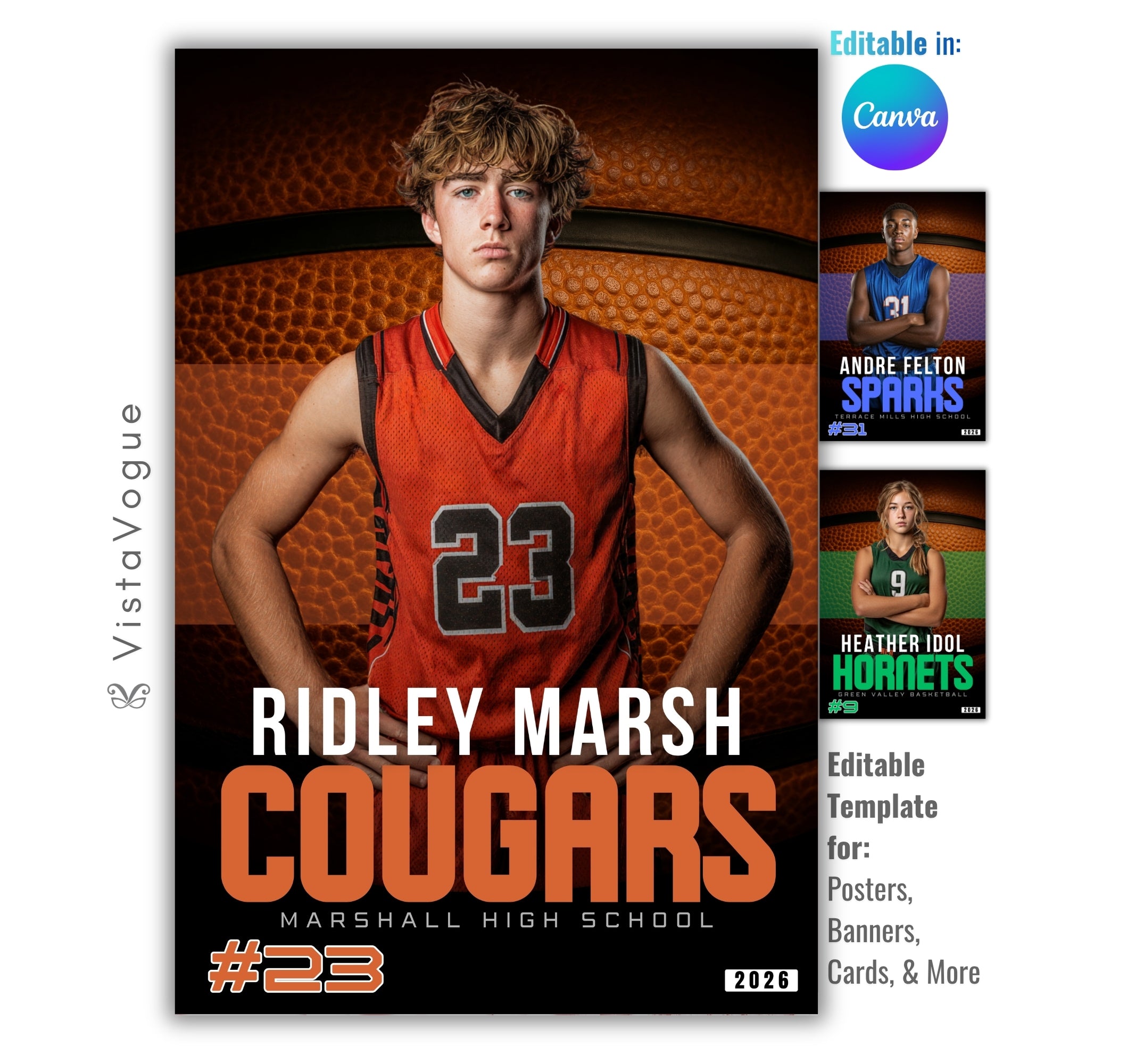 Basketball senior night poster and player banner template editable in Canva with close-up oversized basketball texture backdrop and bold team name typography below the athlete
