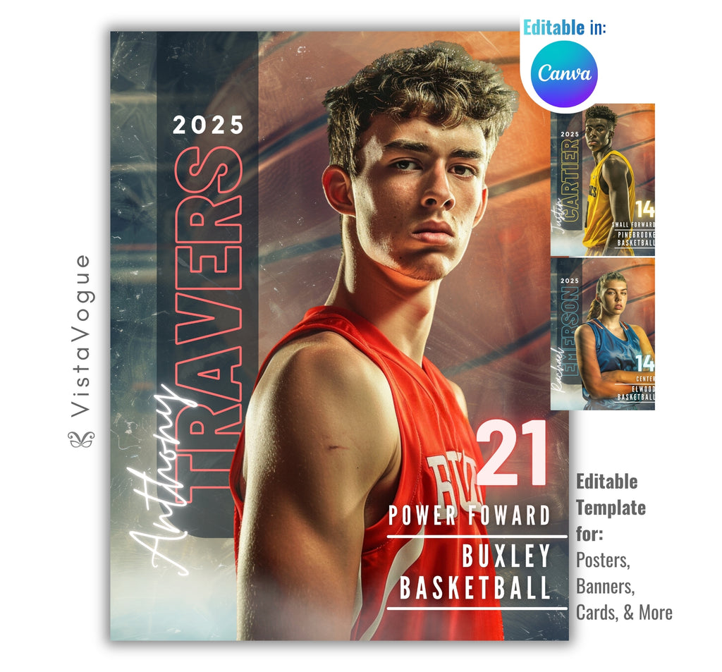 Basketball trading card and poster template editable in Canva with oversized basketball backdrop, grunge texture overlay, and bold vertical surname typography alongside the athlete