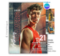 Basketball trading card and poster template editable in Canva with oversized basketball backdrop, grunge texture overlay, and bold vertical surname typography alongside the athlete