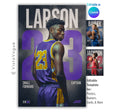 Basketball senior night poster and player banner template editable in Canva with oversized faded jersey number and bold surname typography over a smoky dark backdrop behind the over-the-shoulder athlete pose