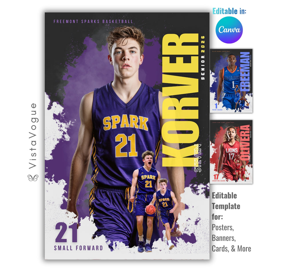 Basketball poster template editable in Canva with paint splatter grunge backdrop, triple athlete photo layout, and bold vertical surname typography alongside the athlete