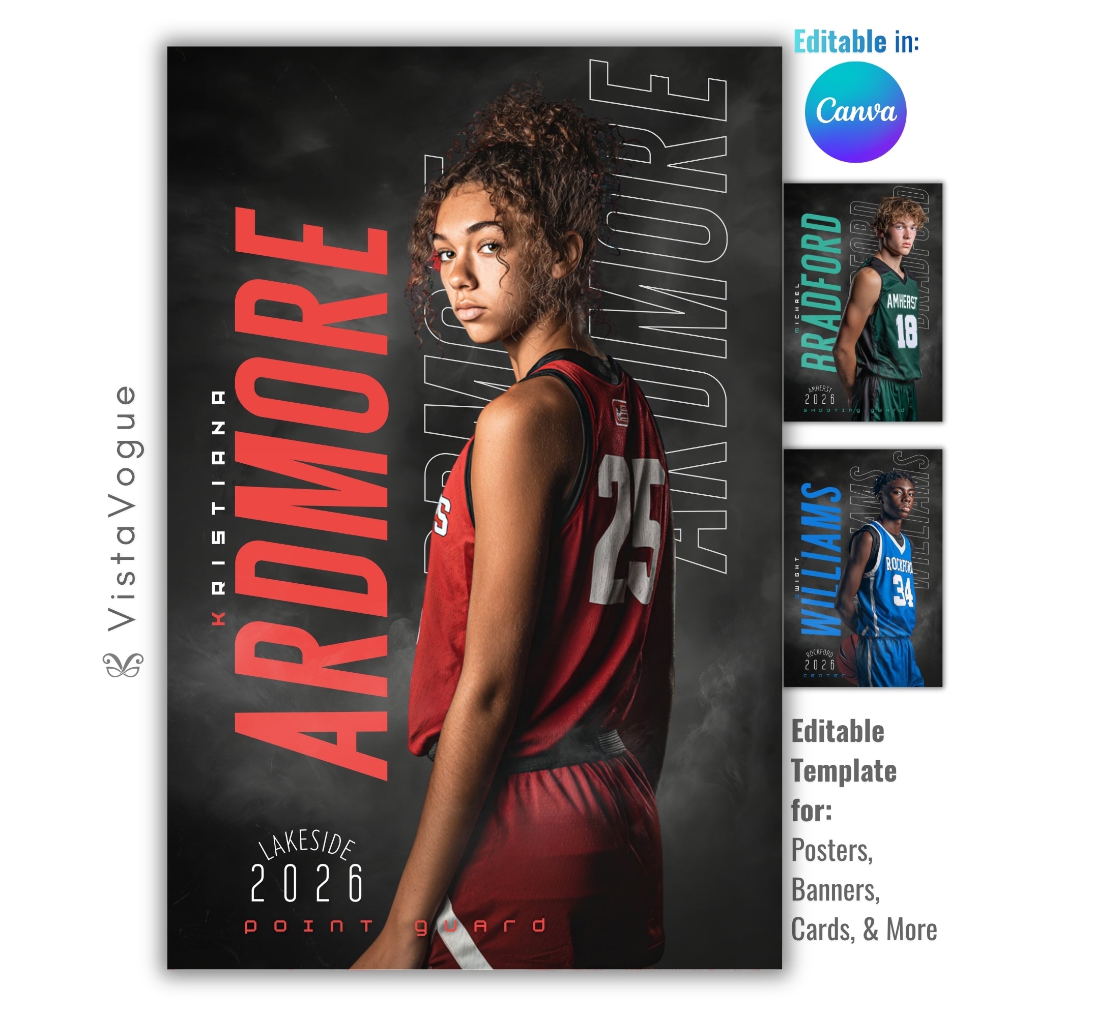 Basketball poster template editable in Canva with charcoal smoky backdrop and faded repeating surname typography layered behind the athlete