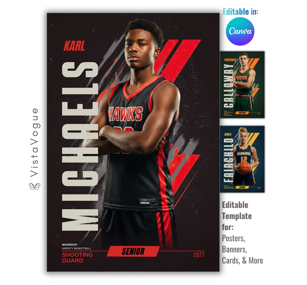 Basketball poster template editable in Canva with angled speed line graphics and bold vertical text layout