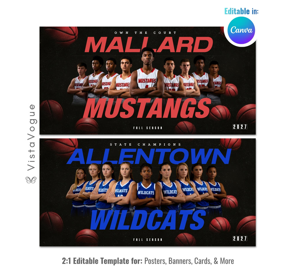 Basketball team banner template editable in Canva with floating basketballs and dark backdrop behind a full team lineup and oversized team name typography