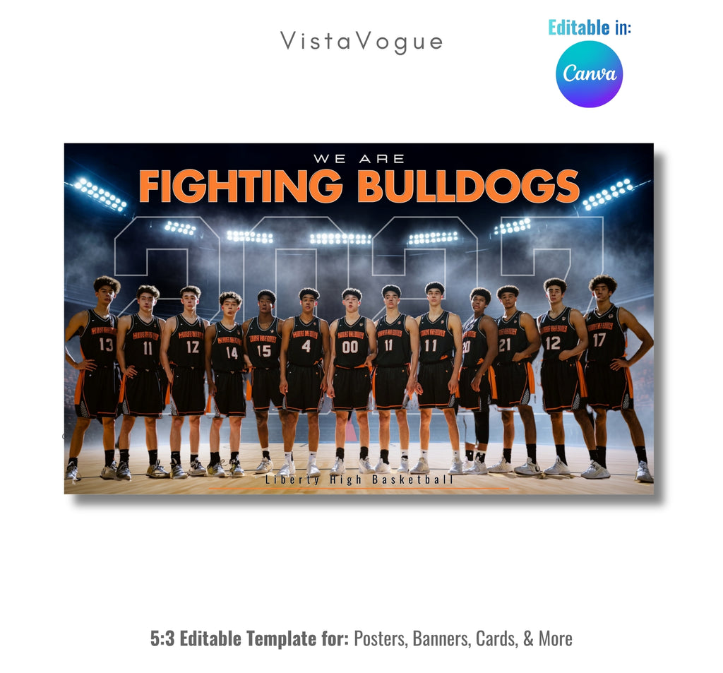 Basketball team banner template editable in Canva with glowing arena stadium lights backdrop behind a full team lineup on the court and oversized team name typography above