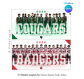 Basketball and hockey team banner template editable in Canva with oversized transparent team name typography and full team lineup layered on a gradient background