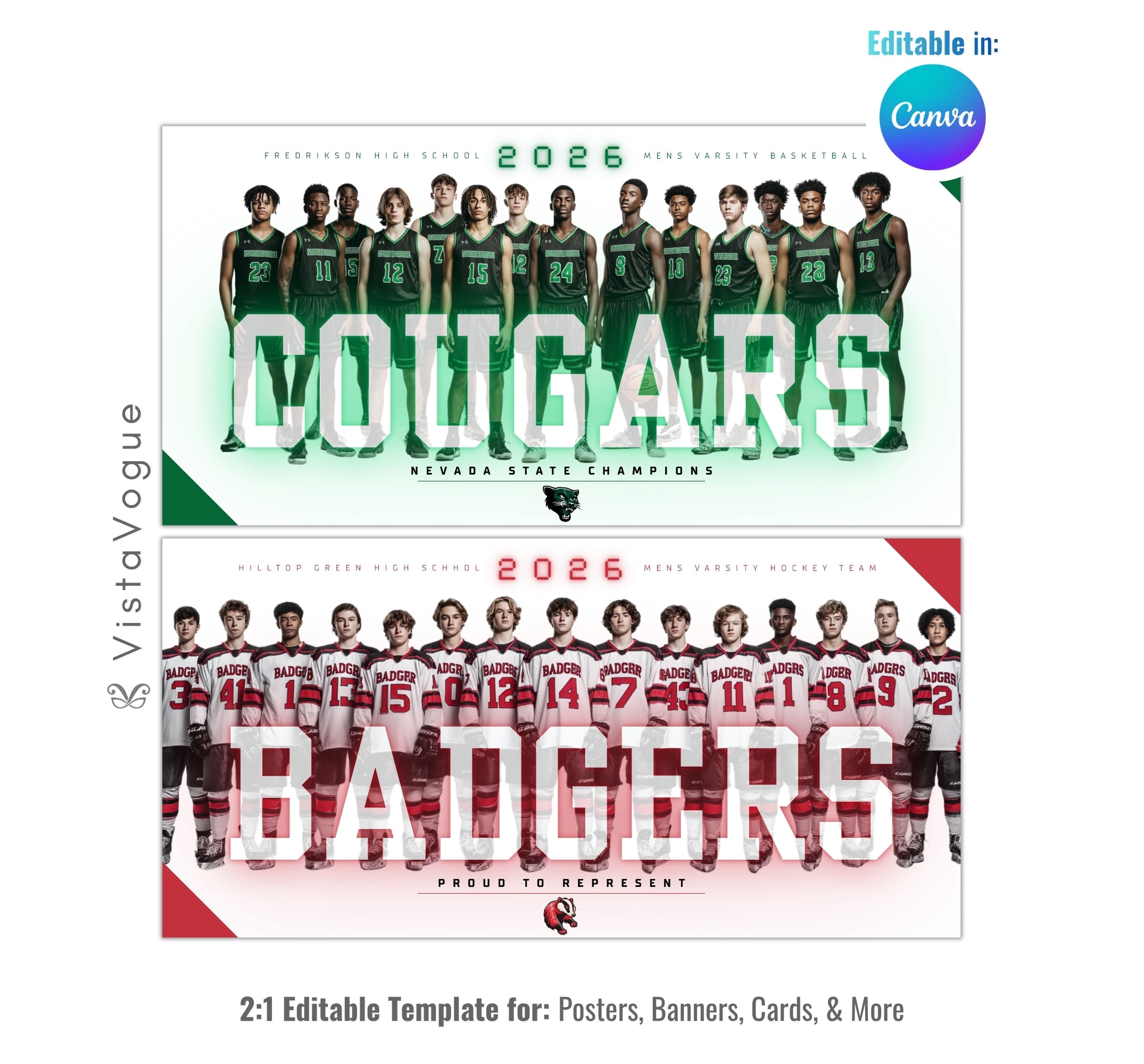 Basketball and hockey team banner template editable in Canva with oversized transparent team name typography and full team lineup layered on a gradient background