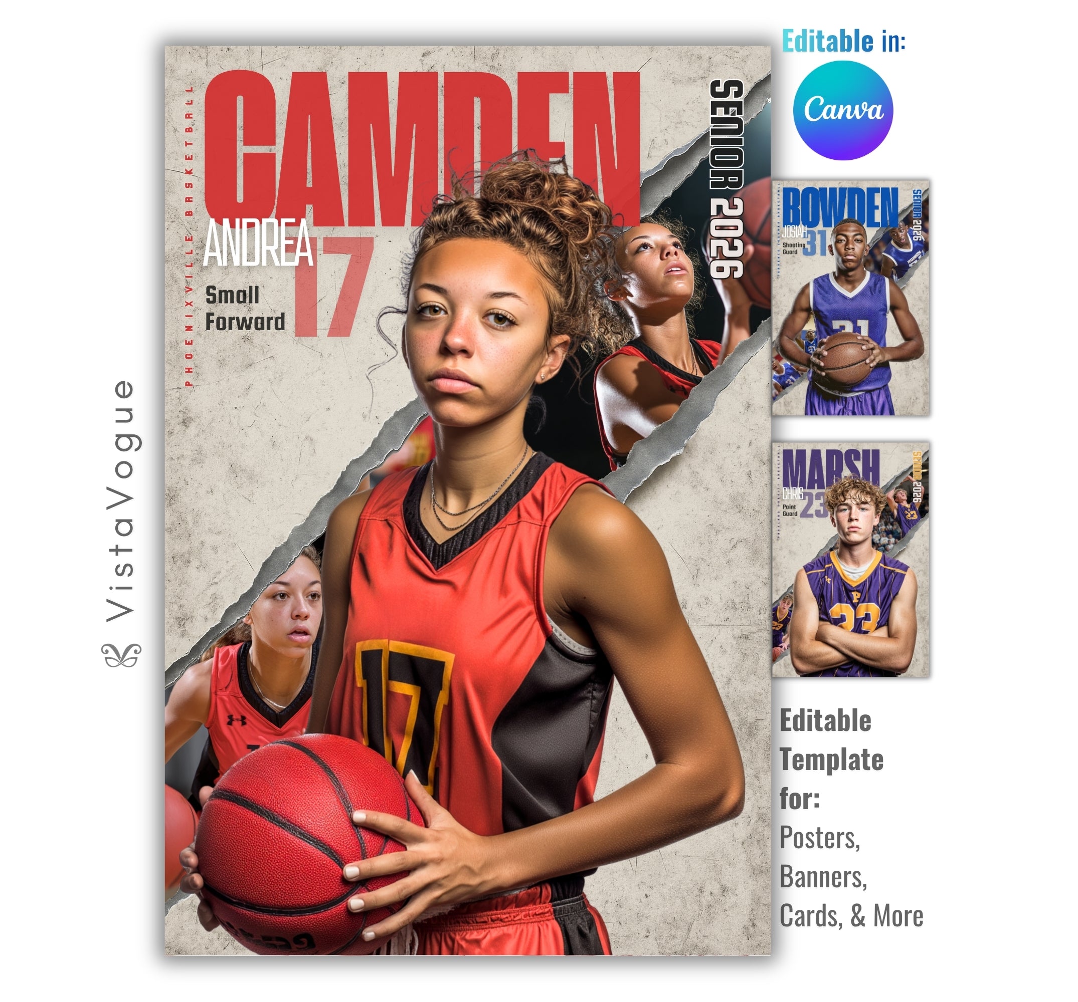 Basketball senior night poster template editable in Canva with torn paper collage effects, layered athlete action photos, and customizable player banner layout for sports posters