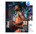Basketball senior night poster and player banner template editable in Canva with vertical surname typography and a close-up basketball hoop net backdrop behind the athlete