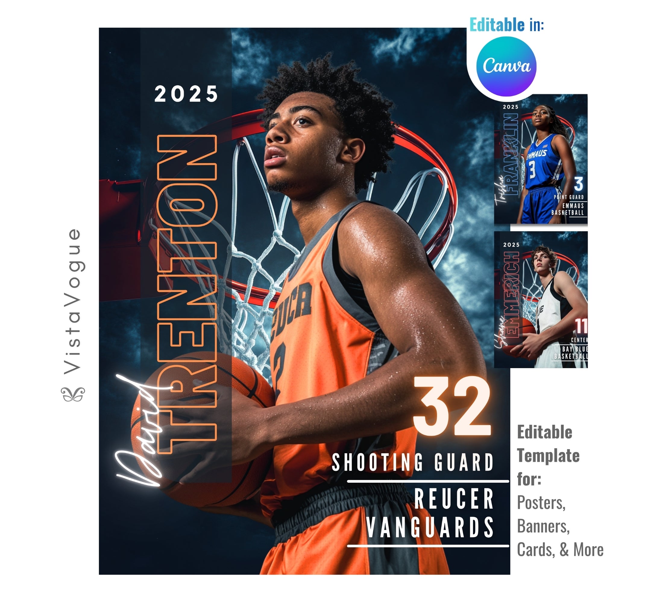 Basketball senior night poster and player banner template editable in Canva with vertical surname typography and a close-up basketball hoop net backdrop behind the athlete
