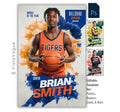 Basketball senior night poster and player banner template editable in Photoshop with dual color smoke burst explosion and grunge texture backdrop behind the full-body athlete