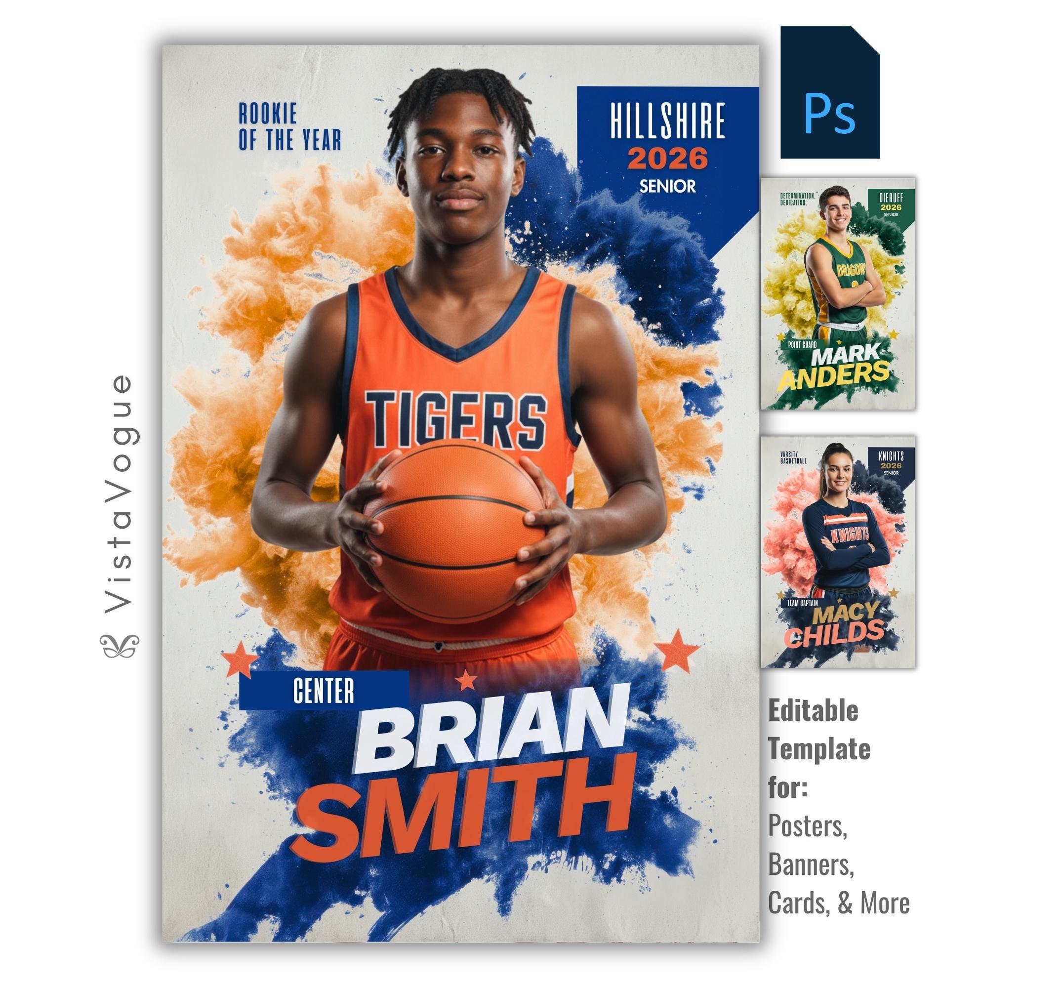 Basketball senior night poster and player banner template editable in Photoshop with dual color smoke burst explosion and grunge texture backdrop behind the full-body athlete