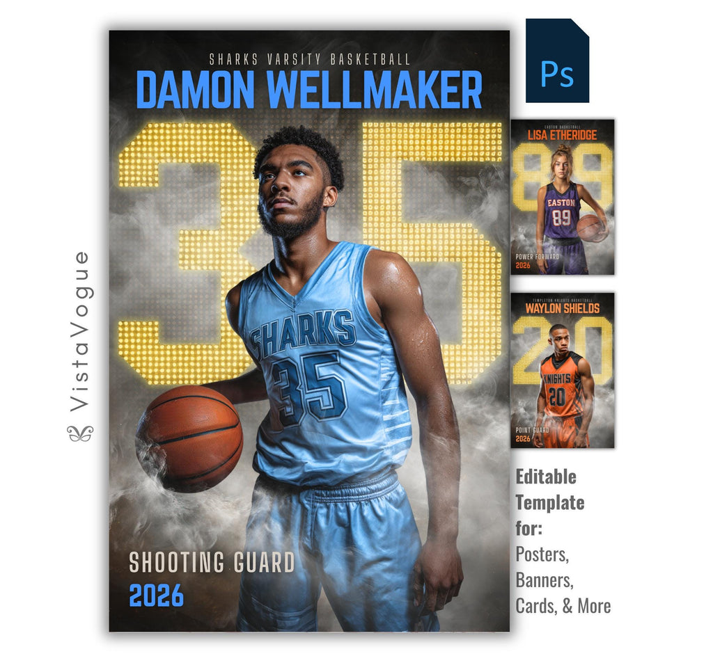 Basketball senior night poster template for Photoshop featuring glowing LED number backdrop, smoky arena effects, and customizable athlete banner layout for sports posters