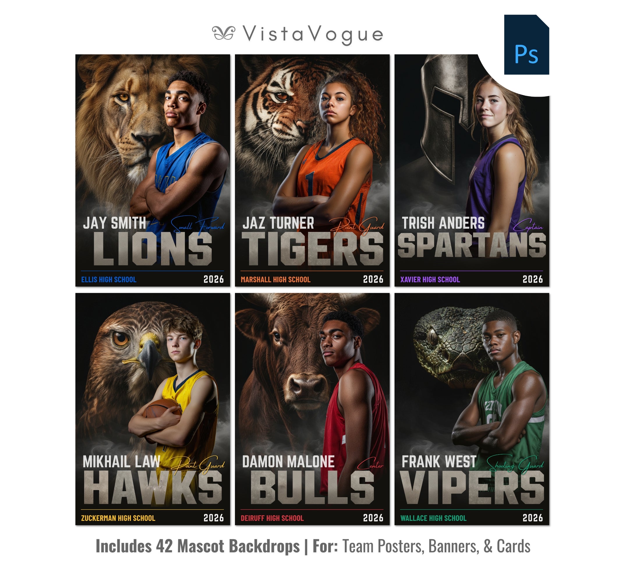 Basketball sports card and poster template editable in Photoshop with realistic mascot animal backdrop layered behind the athlete and bold team name typography