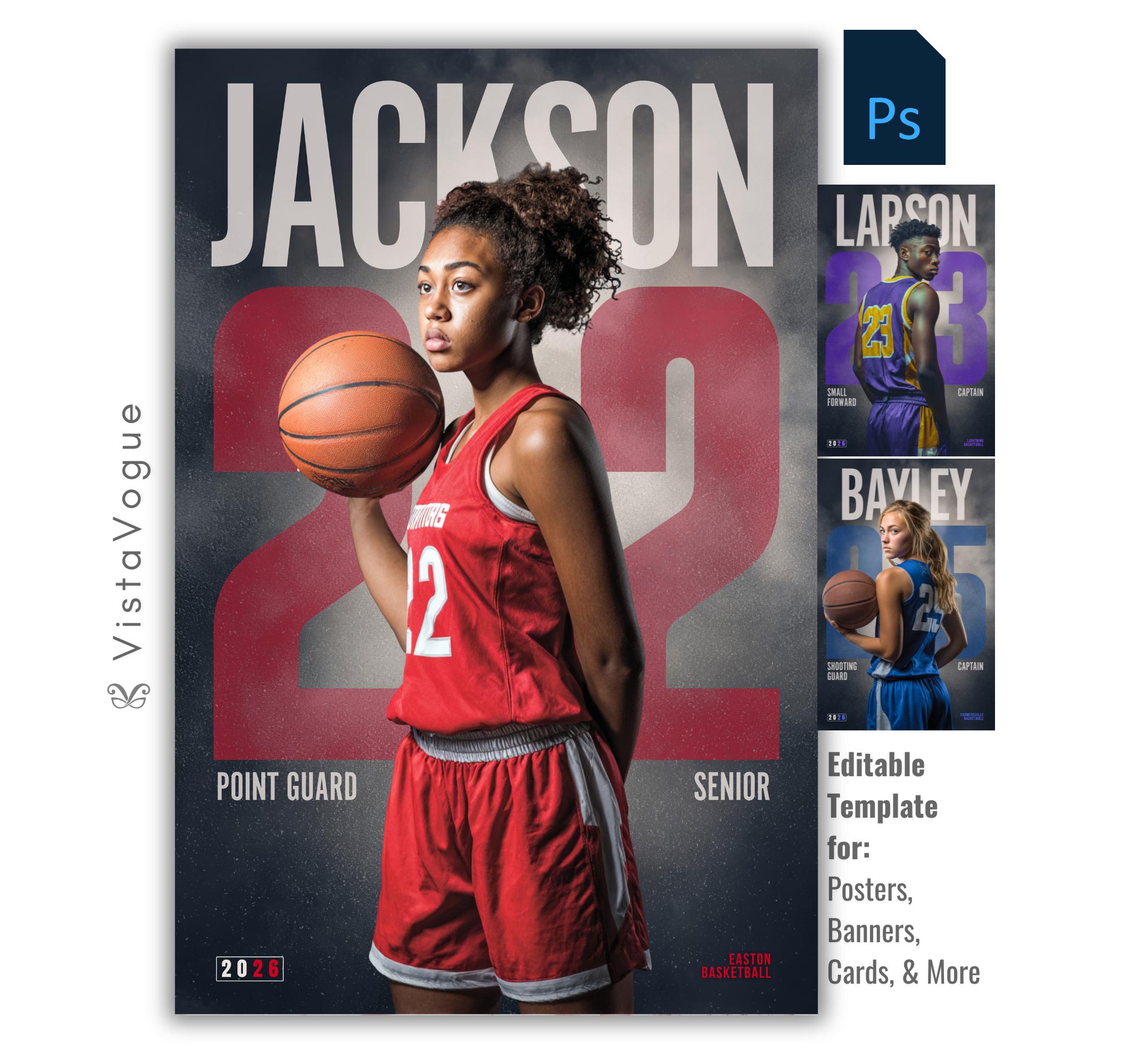 Basketball senior night poster and player banner template editable in Photoshop with oversized faded jersey number and bold surname typography over a smoky dark backdrop behind the full-body athlete