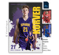Basketball poster template editable in Photoshop with paint splatter grunge backdrop and dual athlete photo layout with vertical surname typography