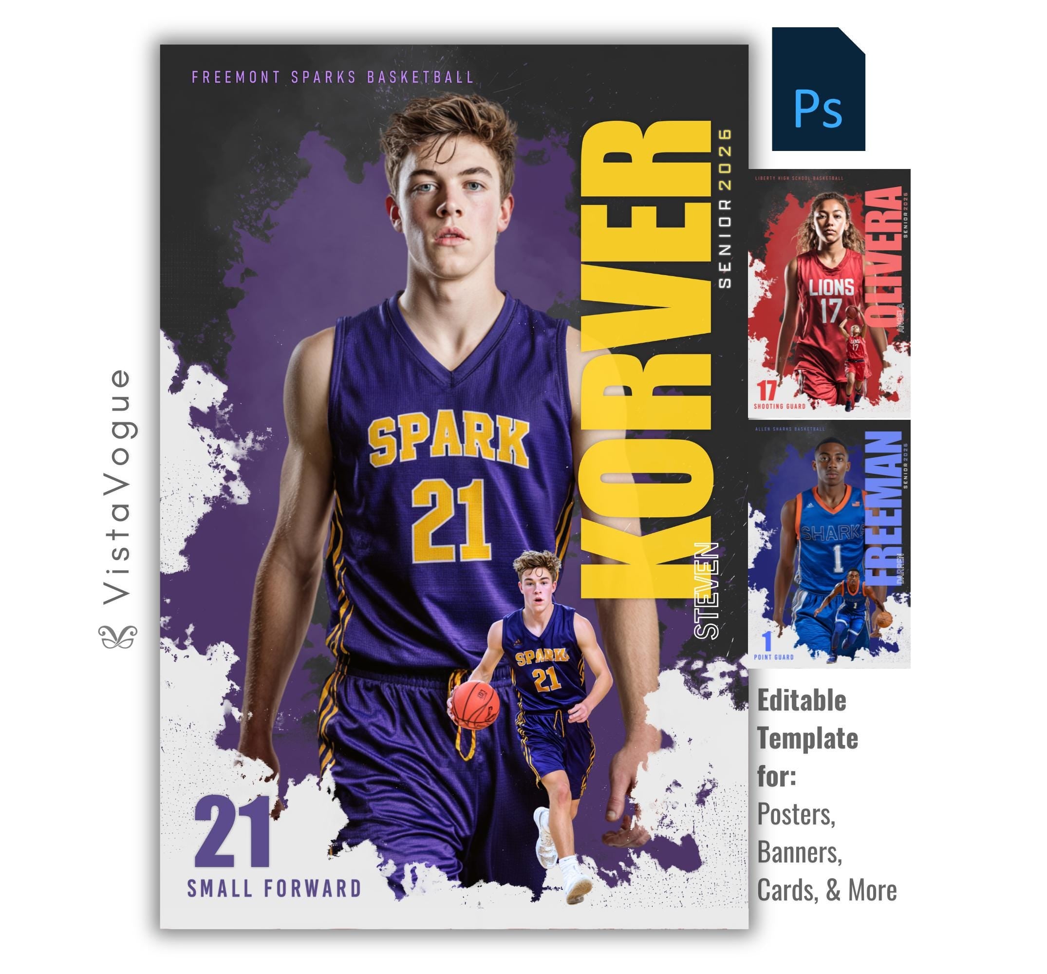 Basketball poster template editable in Photoshop with paint splatter grunge backdrop and dual athlete photo layout with vertical surname typography