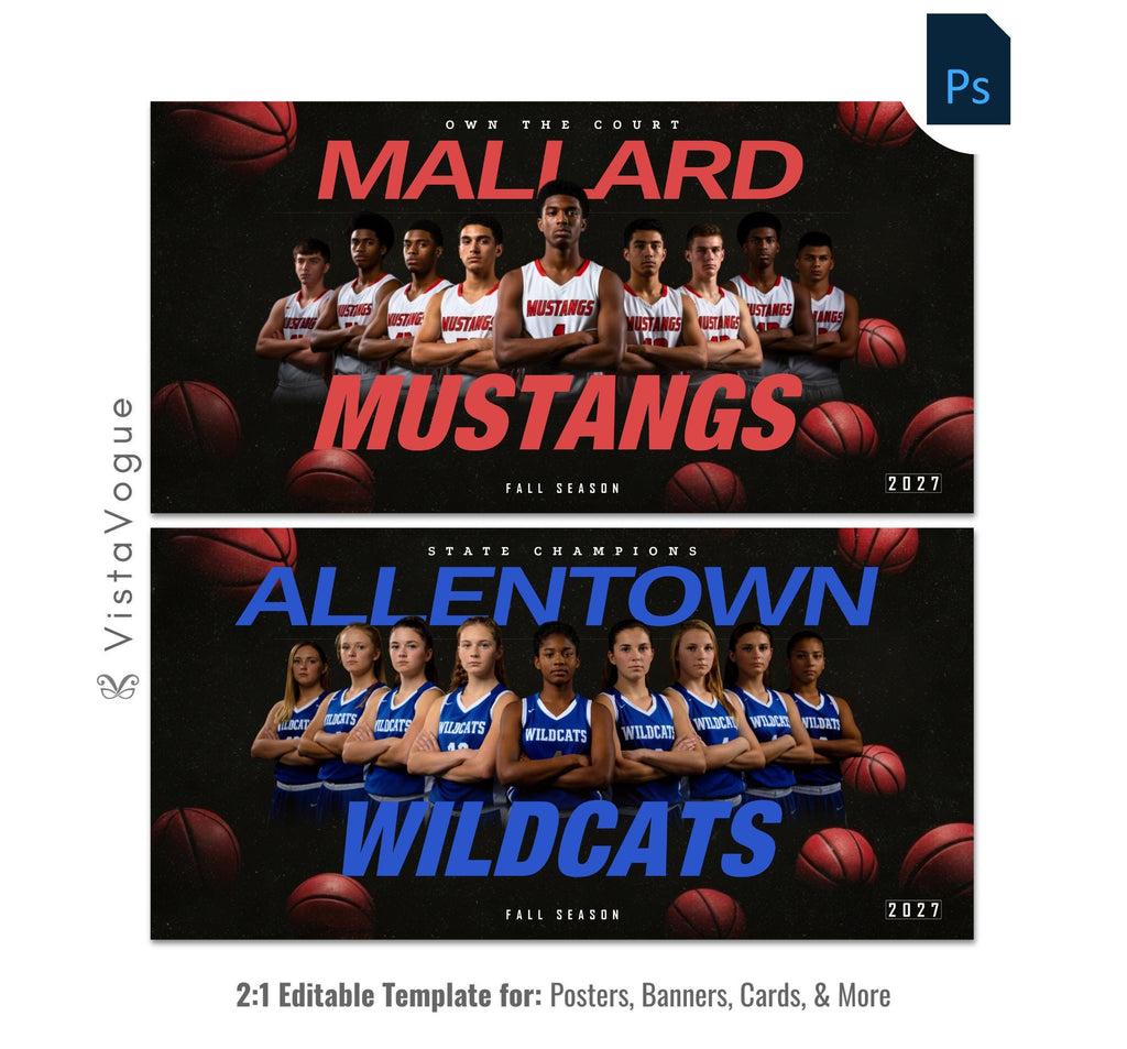 Basketball team banner template editable in Photoshop with floating basketballs and dark backdrop behind a full team lineup and oversized team name typography
