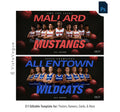 Basketball team banner template editable in Photoshop with floating basketballs and dark backdrop behind a full team lineup and oversized team name typography