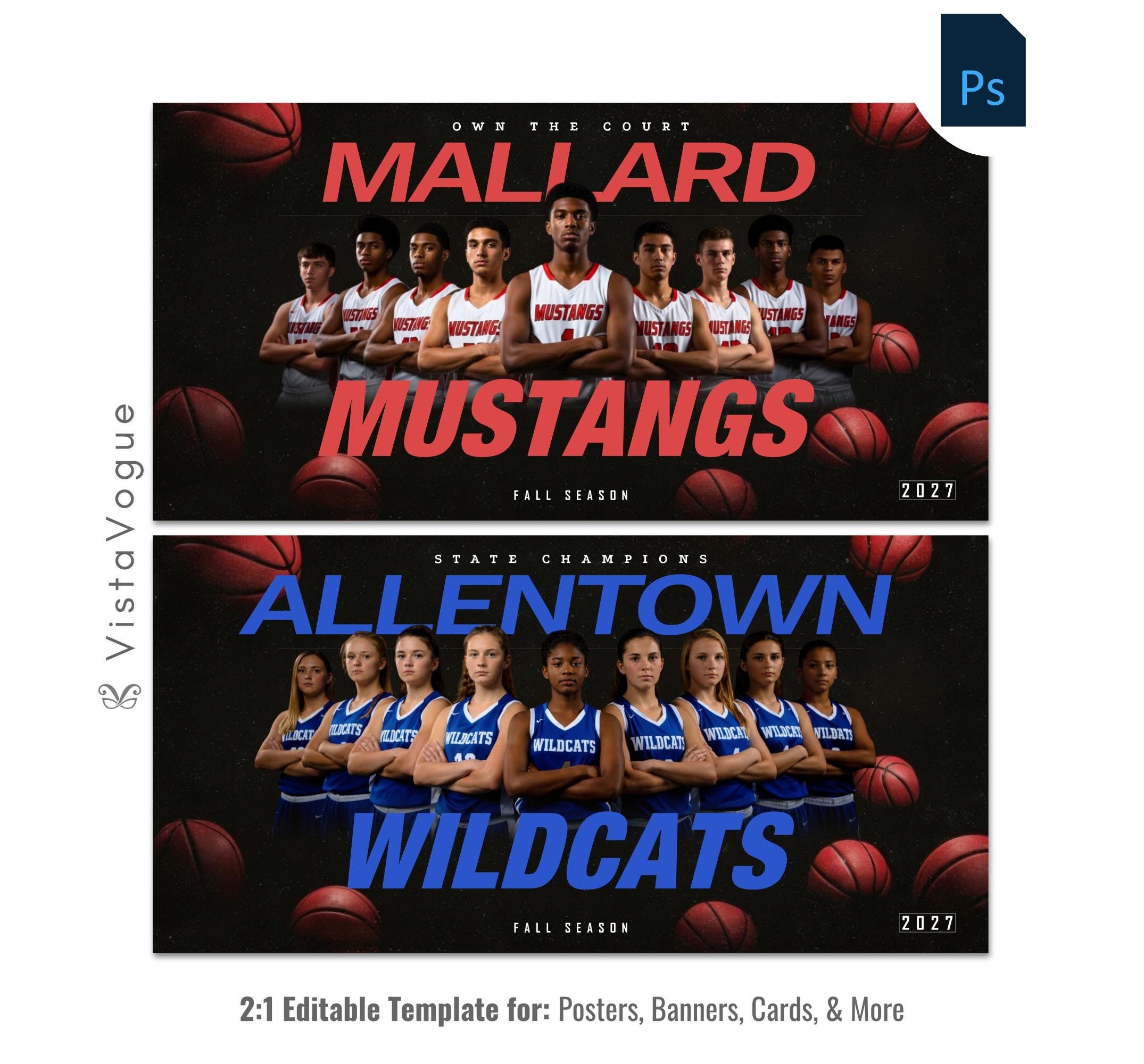 Basketball team banner template editable in Photoshop with floating basketballs and dark backdrop behind a full team lineup and oversized team name typography