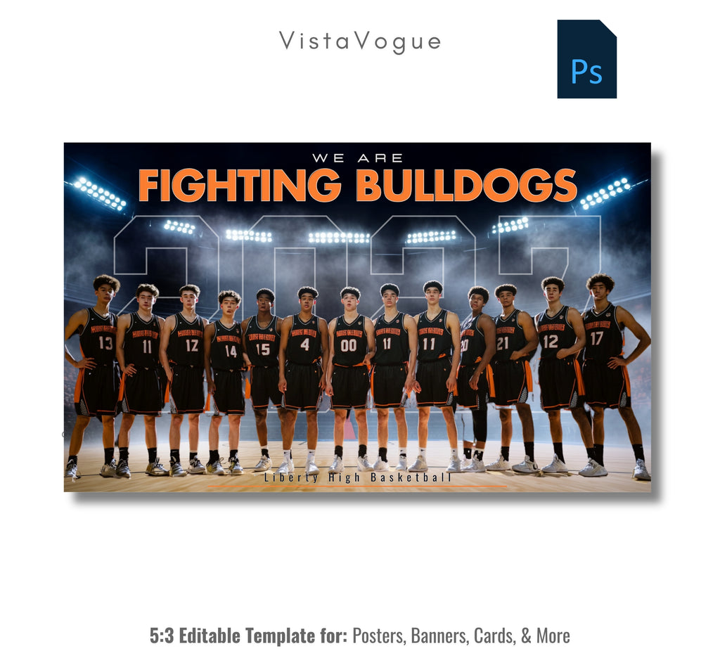 Basketball team banner template editable in Photoshop with glowing arena lights, smoky backdrop, and full team lineup on a hardwood court