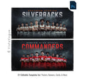 Basketball and football team banner template editable in Photoshop with stormy dark sky and grunge texture backdrop behind a full team lineup and oversized team name typography