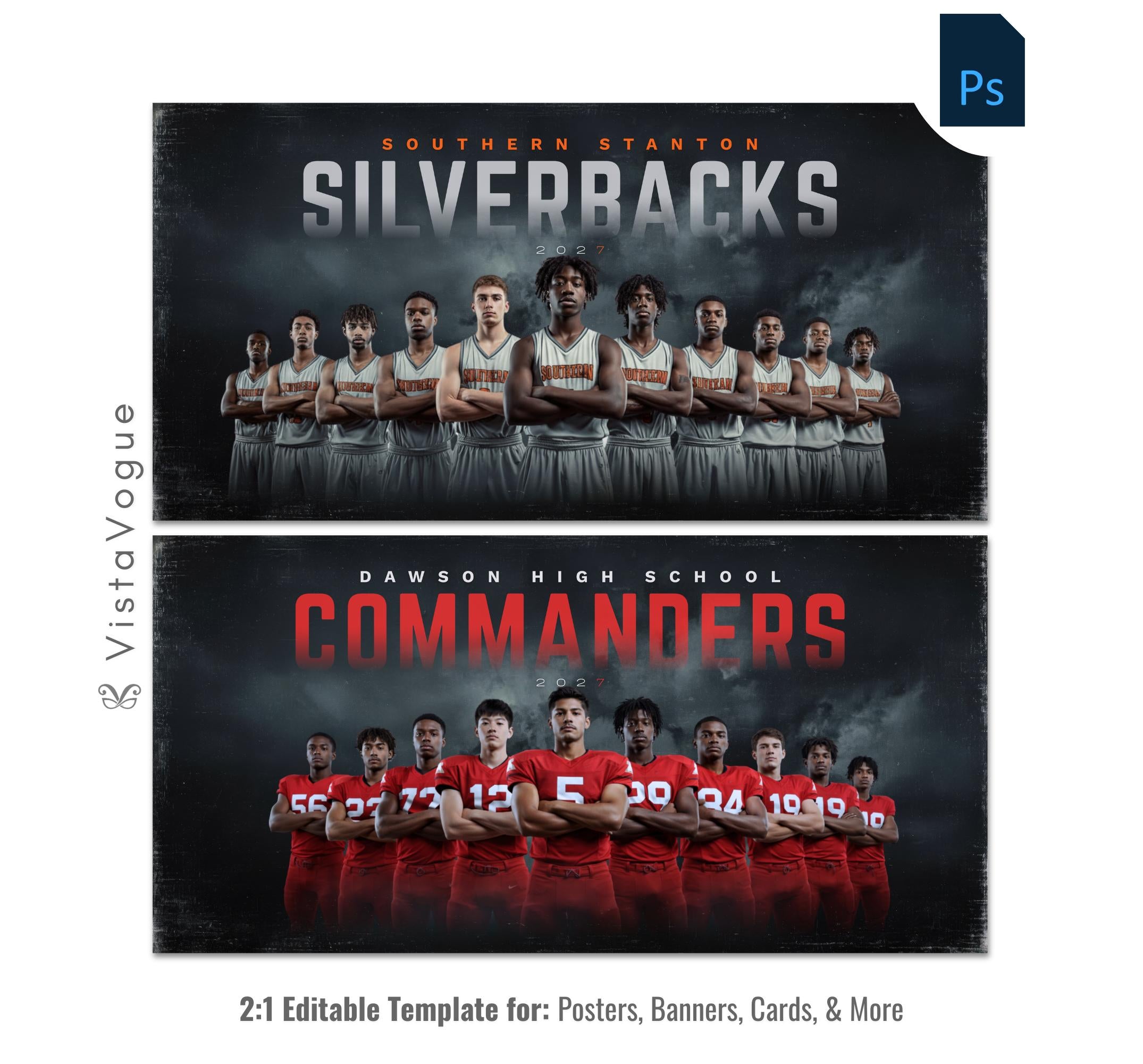 Basketball and football team banner template editable in Photoshop with stormy dark sky and grunge texture backdrop behind a full team lineup and oversized team name typography