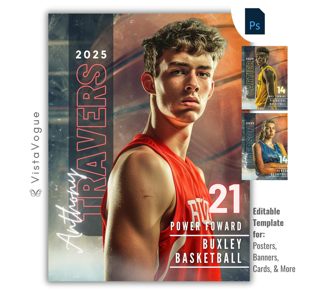 Basketball senior night poster and player banner template editable in Photoshop with vertical surname typography and grungy basketball texture backdrop behind the close-up athlete portrait