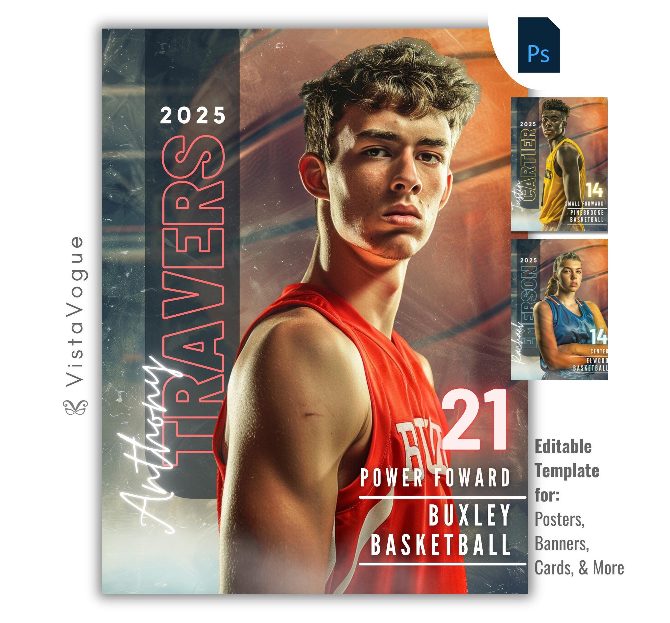 Basketball senior night poster and player banner template editable in Photoshop with vertical surname typography and grungy basketball texture backdrop behind the close-up athlete portrait