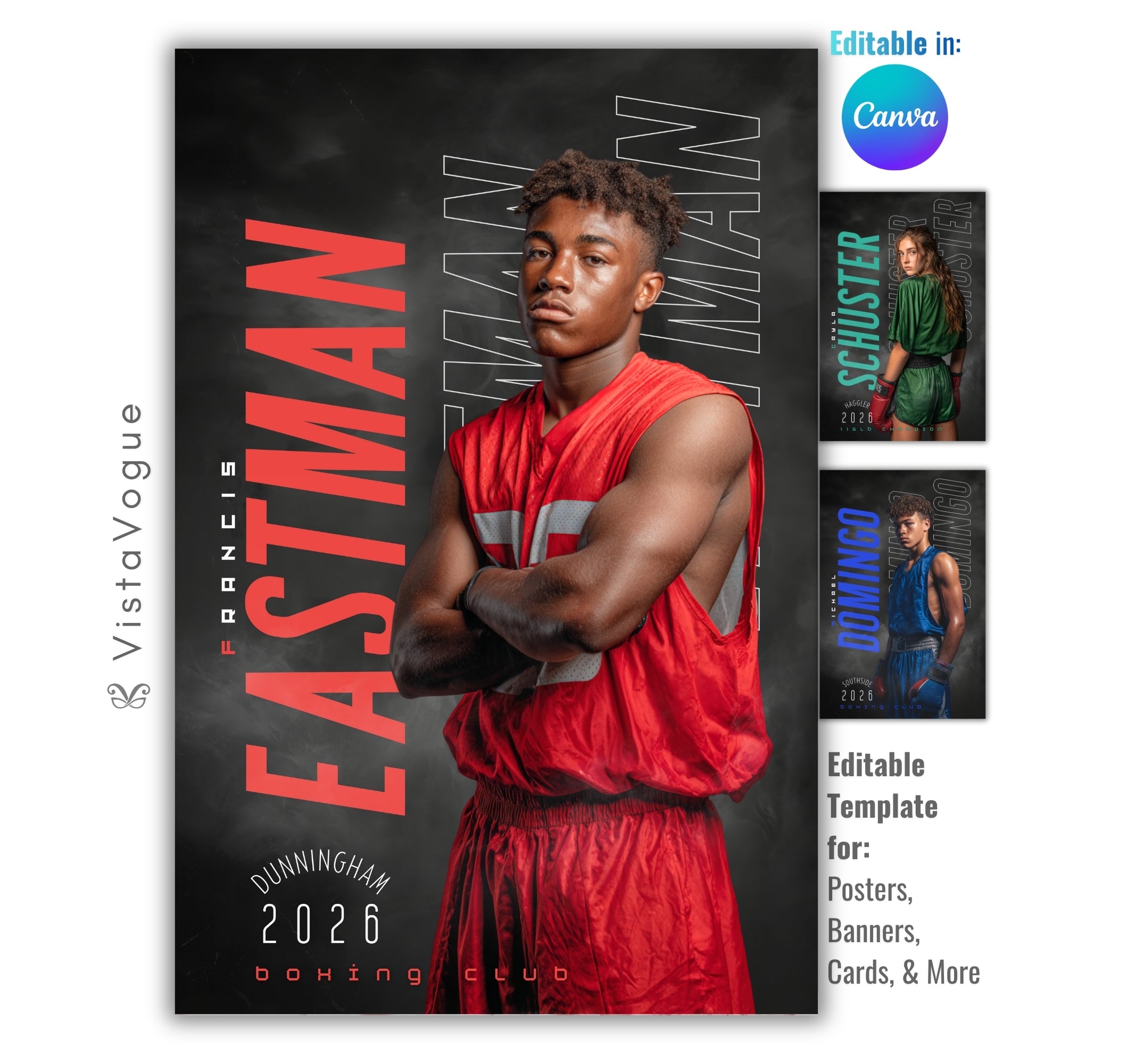 Boxing poster template editable in Canva with smoky dark backdrop and oversized repeating surname typography layered behind the athlete