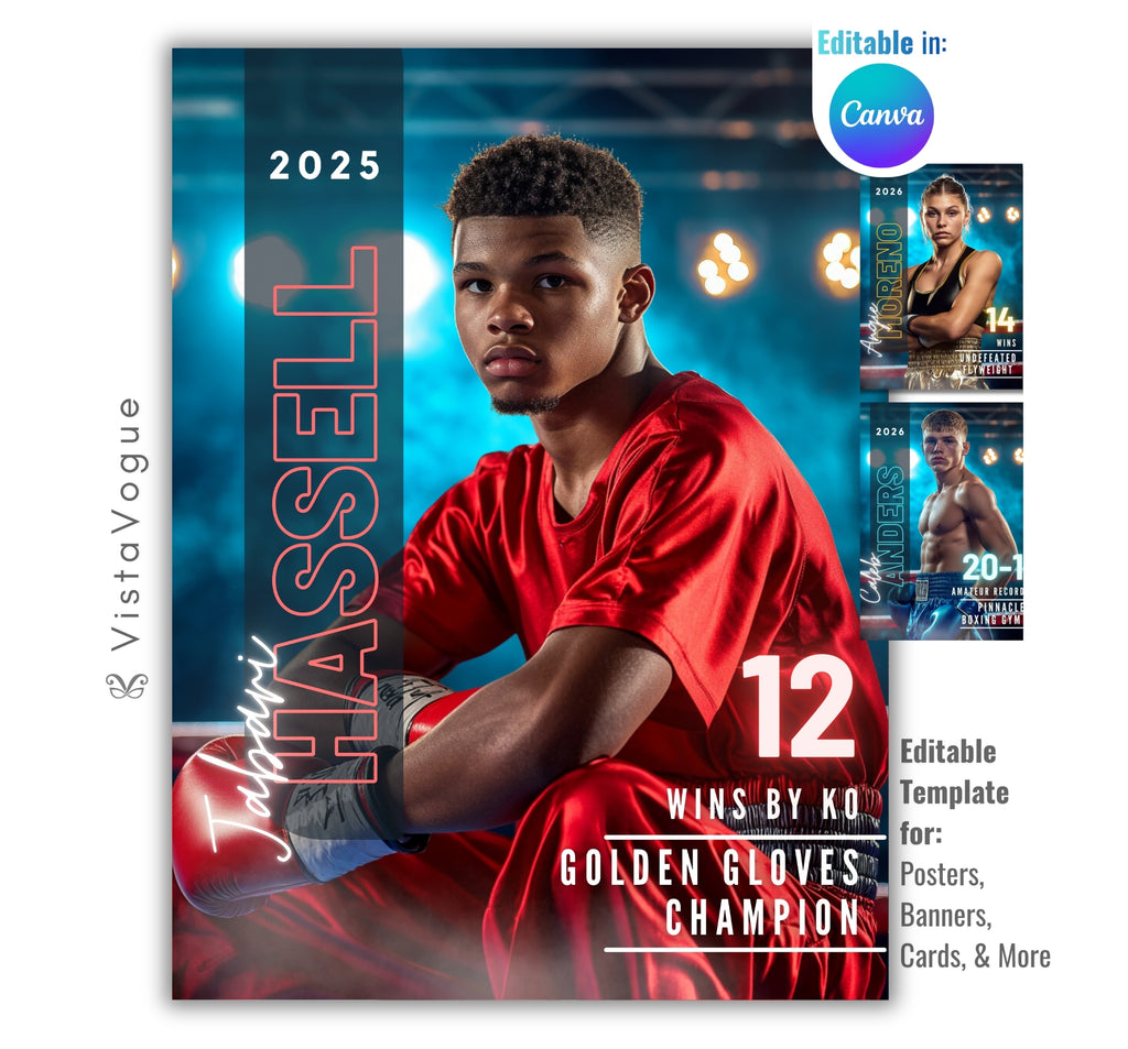 Boxing trading card and poster template editable in Canva with glowing boxing ring spotlight backdrop, vertical surname typography, and win stats displayed alongside the athlete