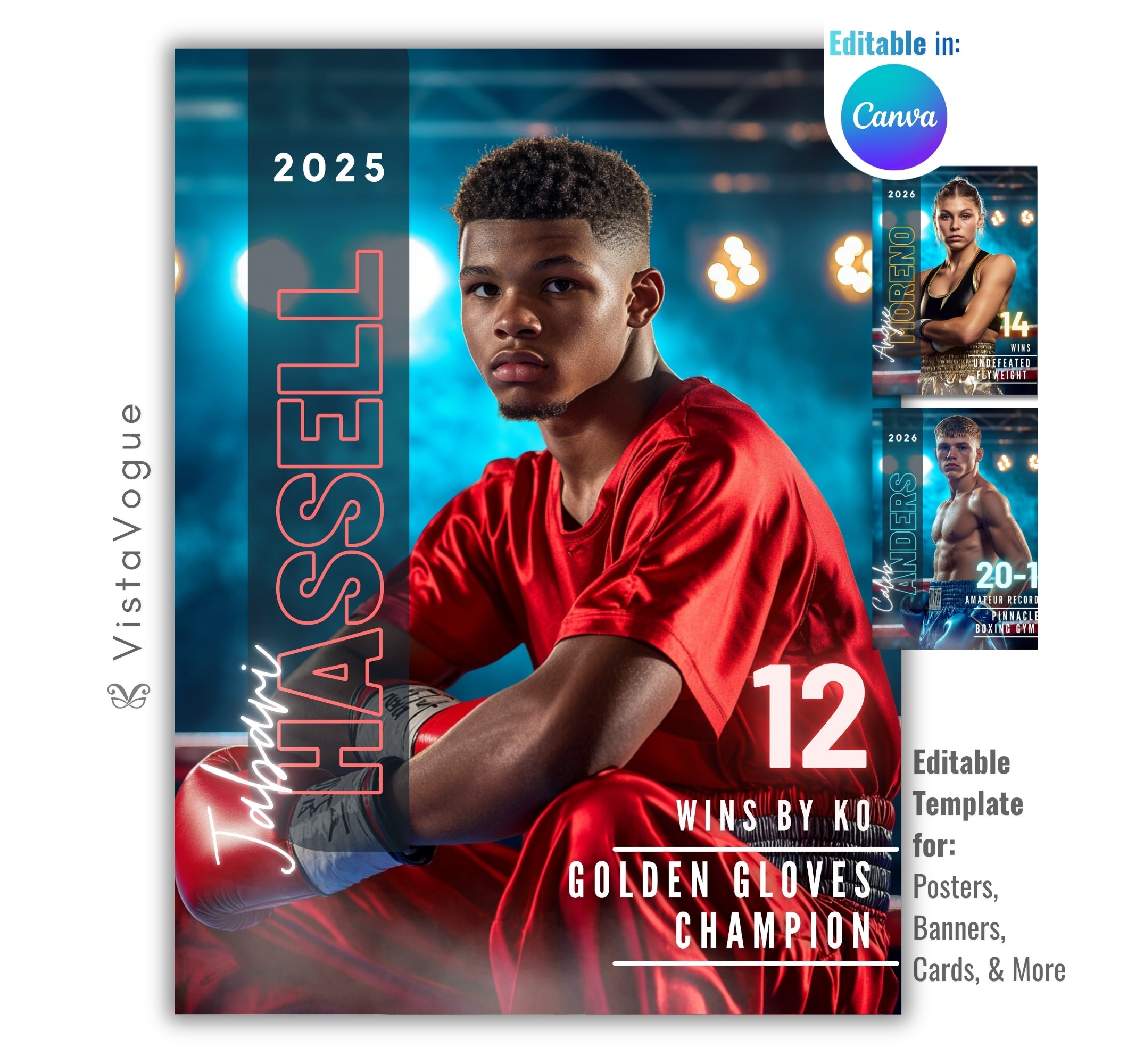 Boxing trading card and poster template editable in Canva with glowing boxing ring spotlight backdrop, vertical surname typography, and win stats displayed alongside the athlete