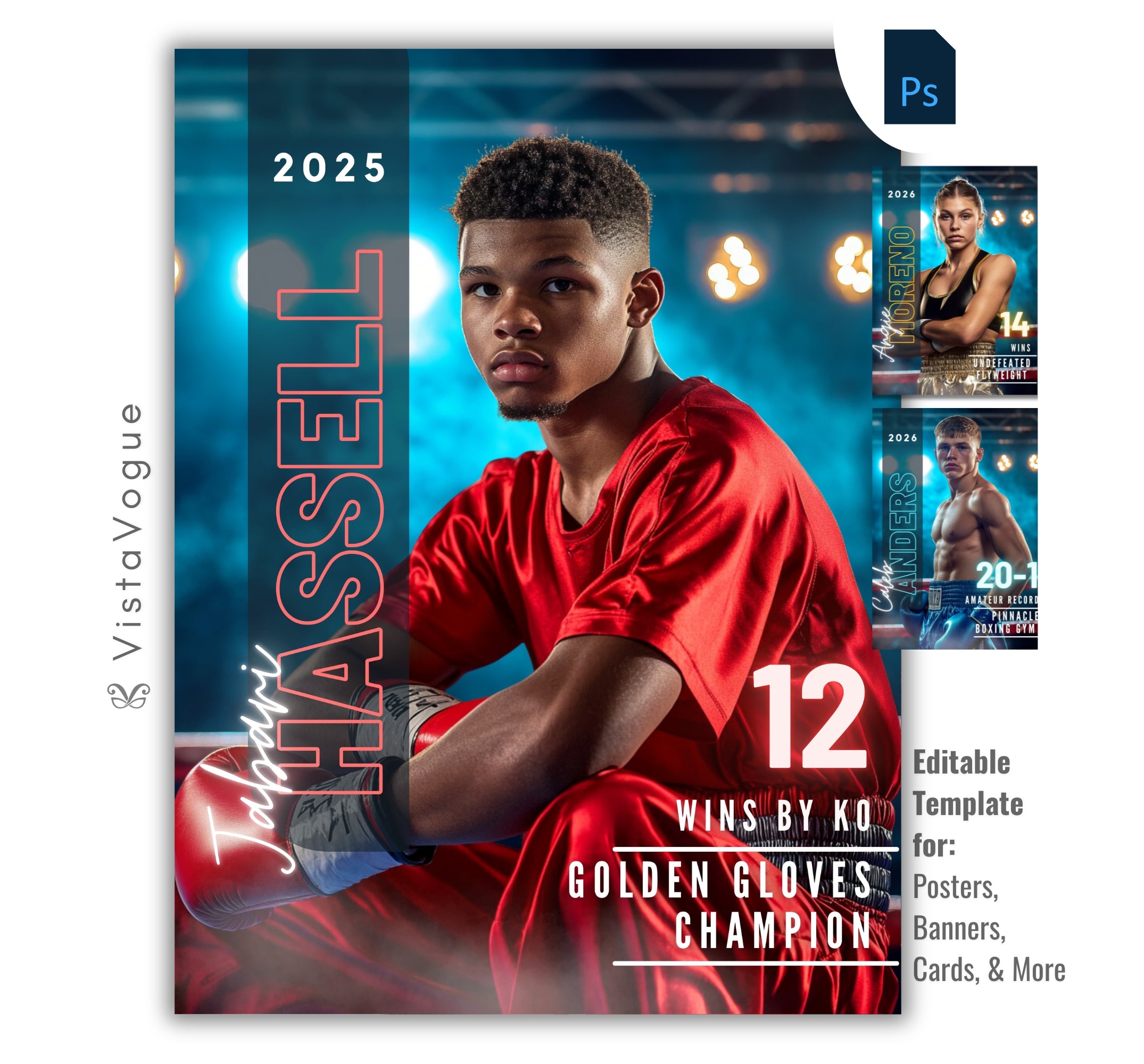 Boxing trading card and poster template editable in Photoshop with glowing boxing ring spotlight backdrop, vertical surname typography, and win stats displayed alongside the athlete