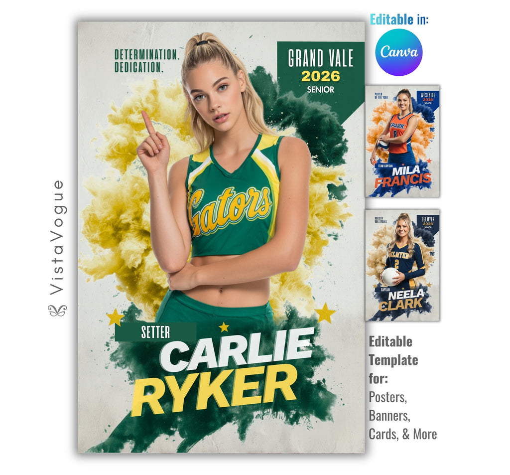 Cheer senior night poster and spirit poster template editable in Canva with bold color smoke burst explosion and grunge texture backdrop behind the athlete