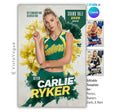 Cheer senior night poster and spirit poster template editable in Canva with bold color smoke burst explosion and grunge texture backdrop behind the athlete