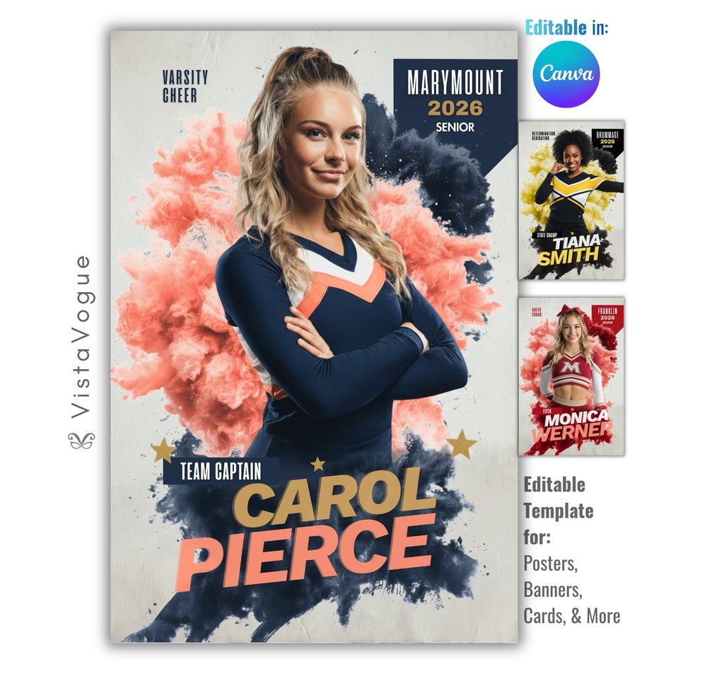 Cheer poster template editable in Canva with colorful smoke cloud background and bold athlete typography