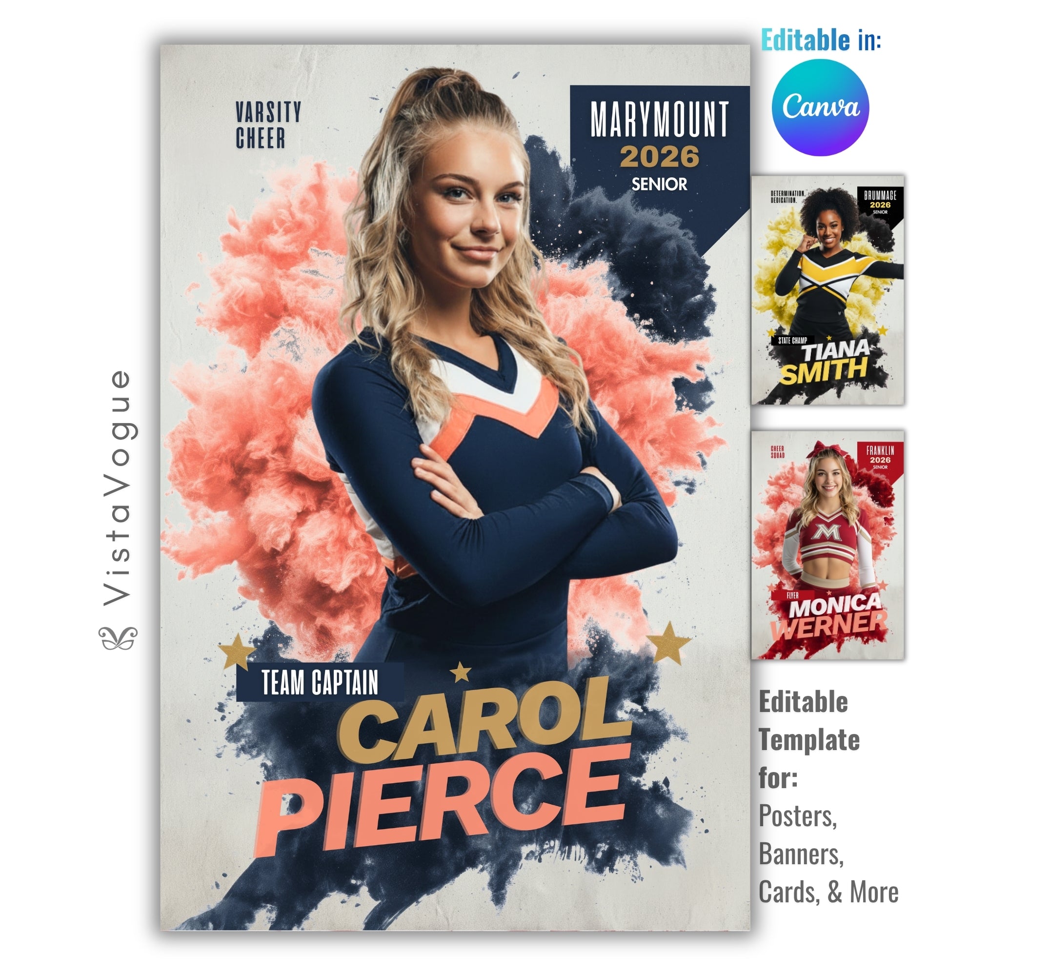 Cheer poster template editable in Canva with colorful smoke cloud background and bold athlete typography