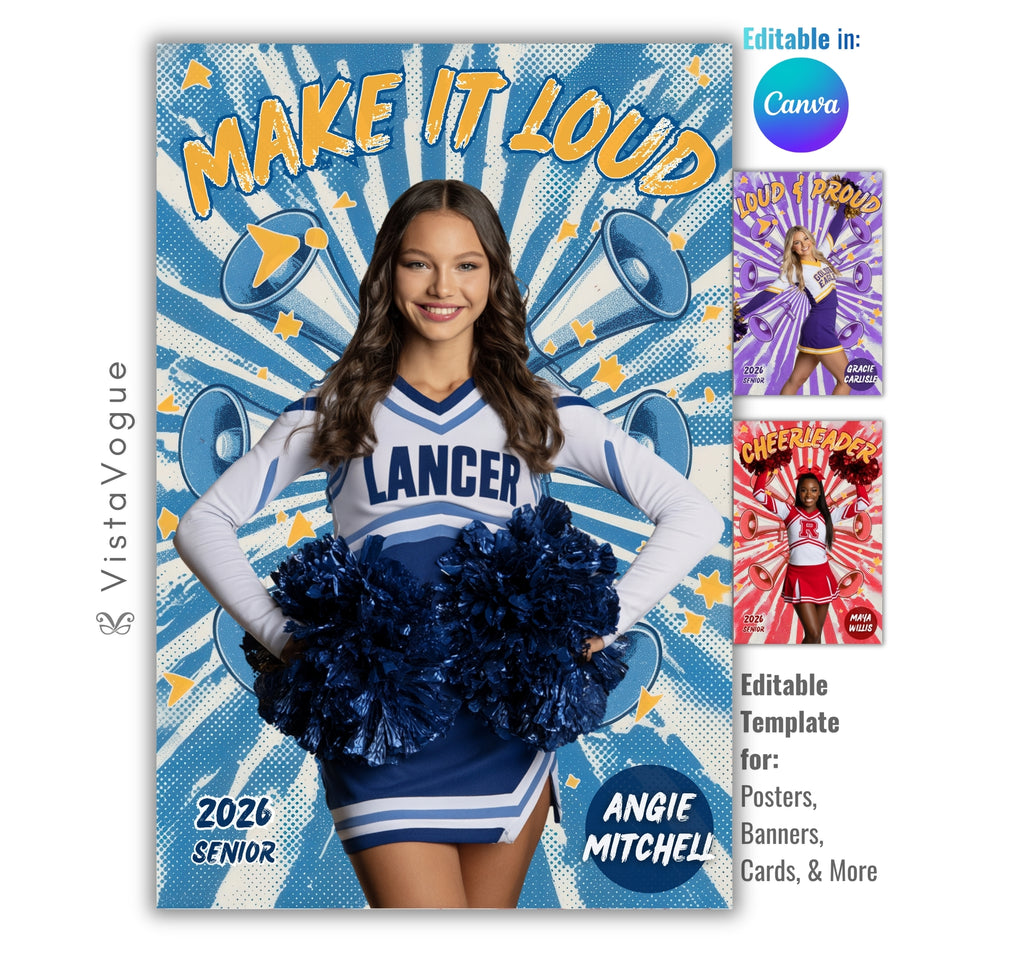 Cheer senior night poster and spirit poster template editable in Canva with comic pop art style megaphone graphics and bold sunburst backdrop behind the full-body athlete