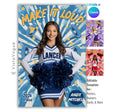 Cheer senior night poster and spirit poster template editable in Canva with comic pop art style megaphone graphics and bold sunburst backdrop behind the full-body athlete