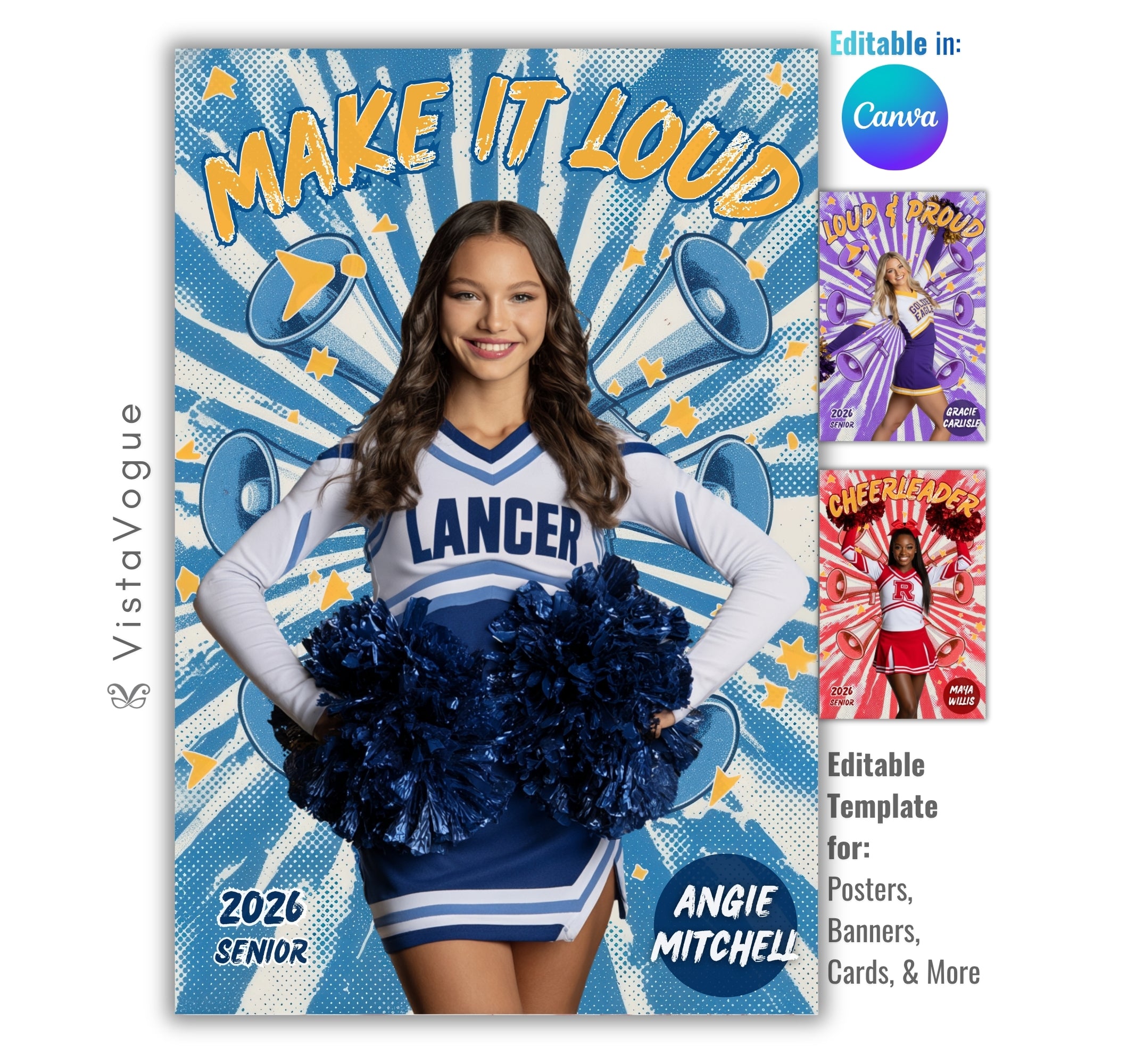 Cheer senior night poster and spirit poster template editable in Canva with comic pop art style megaphone graphics and bold sunburst backdrop behind the full-body athlete