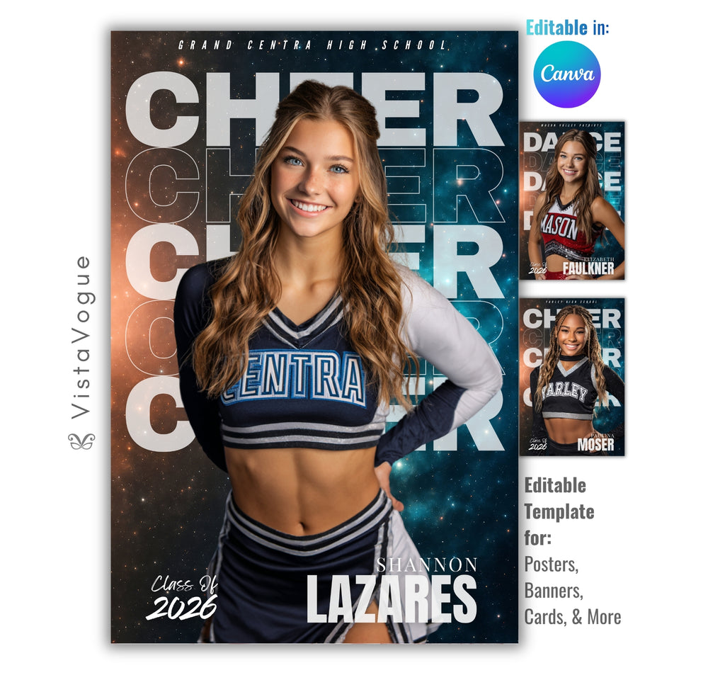 Cheer senior night poster template editable in Canva with cosmic galaxy background, layered cheer typography, and athlete banner layout for posters and memory mates