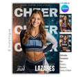 Cheer senior night poster template editable in Canva with cosmic galaxy background, layered cheer typography, and athlete banner layout for posters and memory mates