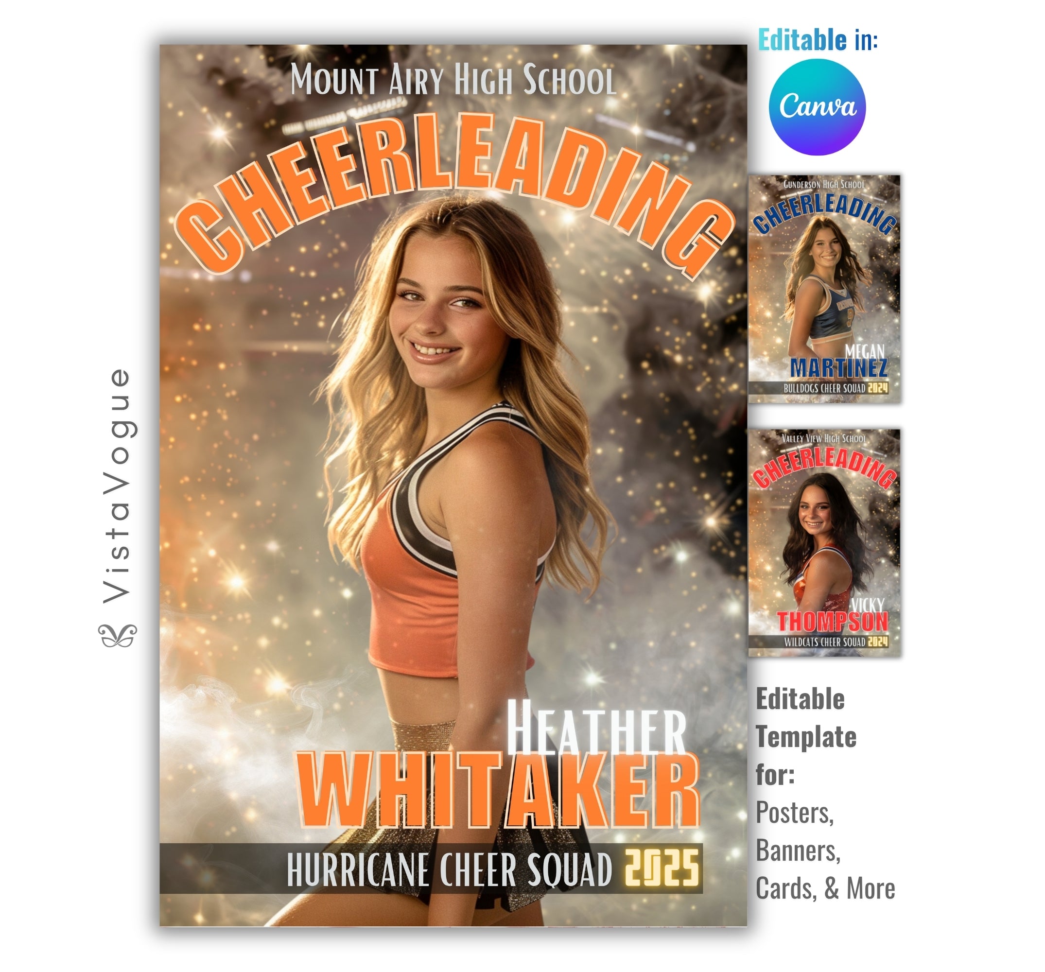 Cheer senior night poster and player banner template editable in Canva with glittering gold bokeh light burst and smoky dark backdrop behind the full-body athlete