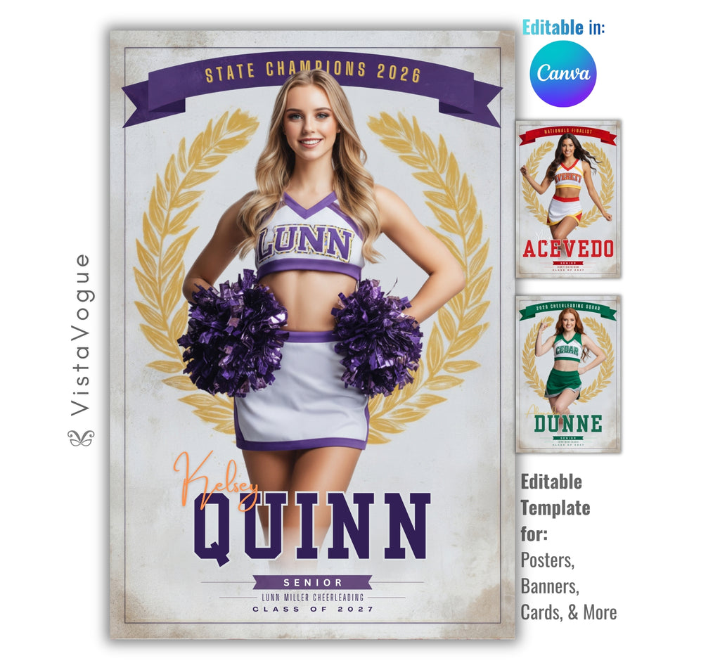 Cheer senior night poster and recognition banner template editable in Canva with gold laurel wreath and ribbon banner overlay on a vintage light grunge backdrop behind the full-body athlete