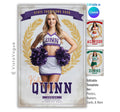Cheer senior night poster and recognition banner template editable in Canva with gold laurel wreath and ribbon banner overlay on a vintage light grunge backdrop behind the full-body athlete