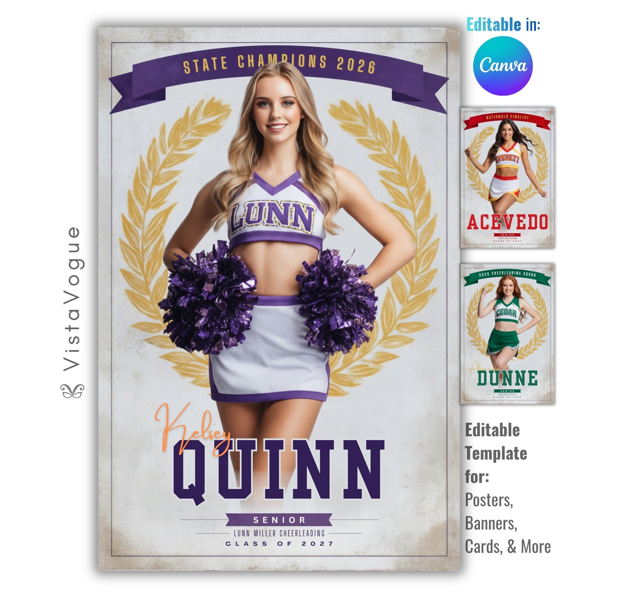 Cheer senior night poster and recognition banner template editable in Canva with gold laurel wreath and ribbon banner overlay on a vintage light grunge backdrop behind the full-body athlete